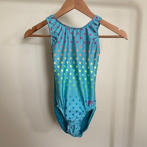 GK Aqua Leotard with Rainbow Dots